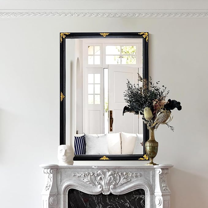 35" x 23" Large Antique Mirror, Black and Gold Modern Elegant Mirror with Victorian Wood Frame for Entryway Over Console, Bedroom, Dining Room