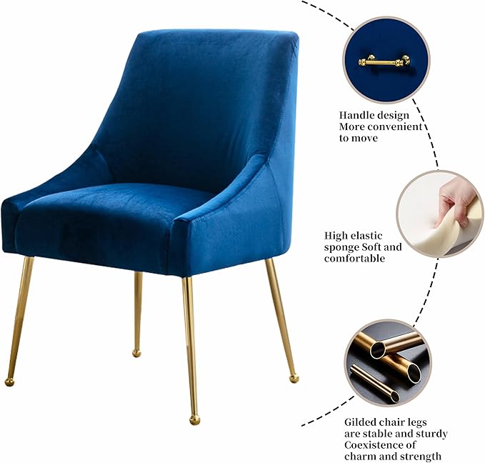 Modern Velvet Dining Chairs Set of 2, Contemporary Upholstered Furniture Collection with Polished Gold Metal Legs, Elegant Accent Chairs for Kitchen Living Room(Blue)
