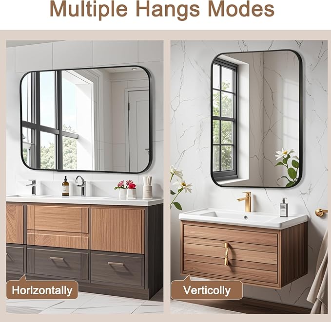 Matte Black Mirror, 22"x30" Rectangle Bathroom Mirror, Metal Frame Rectangle Corner Vanity Mirror, Wall Mounted Mirror for Modern, Living Room, Bedroom, Horizontal Or Vertical