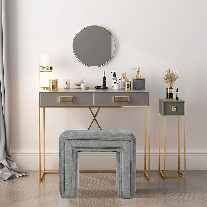 Get Set Style Vanity Stool Chair,Modern Velvet Ottoman Foot Stool with Wooden Legs Sofa Bench Footstool Extra Seat for Vanity,Makeup Room,Living Room,Entryway,Office (Fully Assembled)