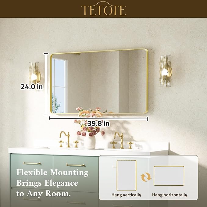TETOTE Brushed Gold Bathroom Mirror 40 x 24 Gold Metal Framed Bathroom Mirror, Tempered Glass, Modern Farmhouse Wall Mounted Mirror for Decorative(Horizontal/Vertical)