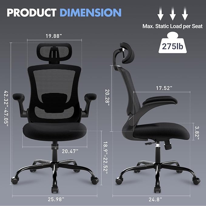 Ergonomic Office Chair with Adjustable Lumbar Support & Headrest – High Back Mesh Desk Chair with Flip-Up Armrests, Swivel Rolling Computer Chair for Home Office, Breathable & BIFMA Certified, Black