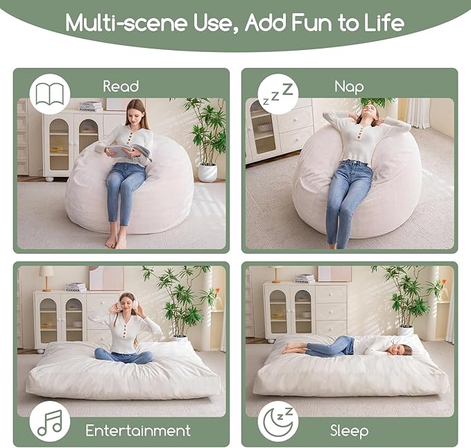 HIGOGOGO Giant Bean Bag Chair Bed for Adults,Convertible Beanbag Folds from Lazy Chair to Floor Mattress Bed,Large Floor Sofa Couch with High-Density Foam Filling, Machine Washable