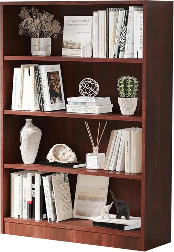 Wooden Bookcase with Adjustable Shelves, 4 Tier Wooden Bookshelf for Small Spaces, Office or Living Room, Modern Bookshelves Storage Rack, Manga Display Shelf,48 Inch,Cherry