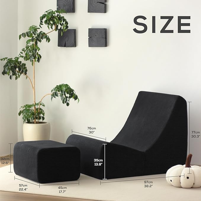 N&V Bean Bag Chair Single Seated Foam Sofa Armless Floor Sofa with High Density Foam Removable and Machine Washable Cover (Black, Large, Corduroy Stripes)