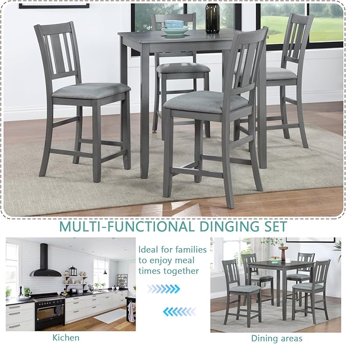 KEIKI 5-Piece Counter Height Dining Table Set with Square Table and 4 Upholstered Slatted Backrset Chair, for 4 Person, Modern Style Wooden Table Set, Easy Assembly, for Kitchen, Dining Room, Gray