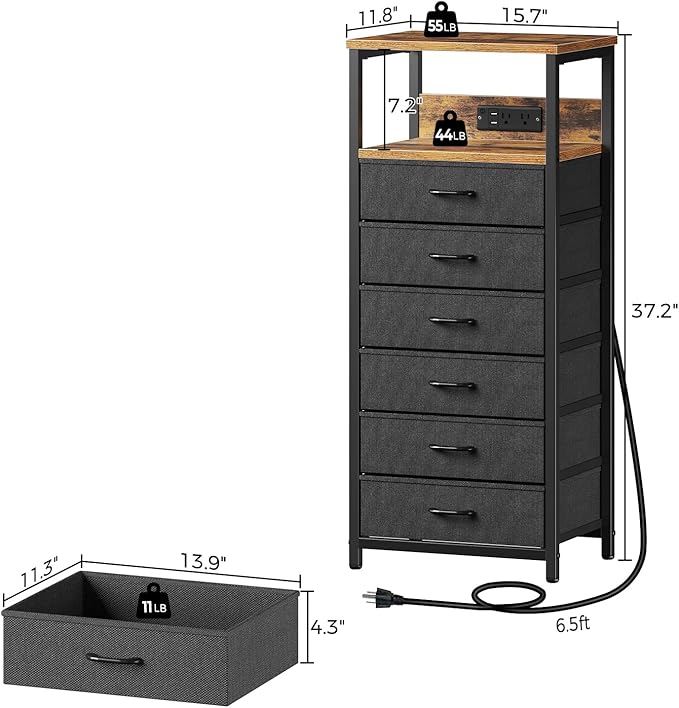 Seventable Night Stand with Charging Station, Tall Nightstand with 6 Fabric Storage Drawers, Side Table with LED Light for Bedroom, Entryway, Rustic Brown, Set of 2