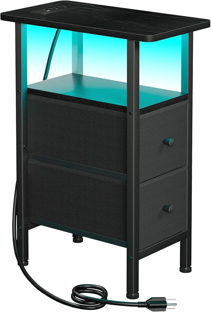 Narrow End Table Living Room with Charging Station, Skinny Side Table with Fabric Drawers, Slim LED Nightstand for Bedroom, Small Spaces, Couch, Black, HETNDP02LBK-1