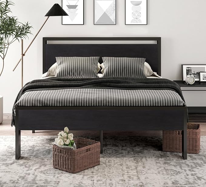 SHA CERLIN 14 Inch Queen Size Metal Platform Bed Frame with Wooden Headboard and Footboard, Mattress Foundation, No Box Spring Needed, Large Under Bed Storage, Non-Slip Without Noise, Black Oak