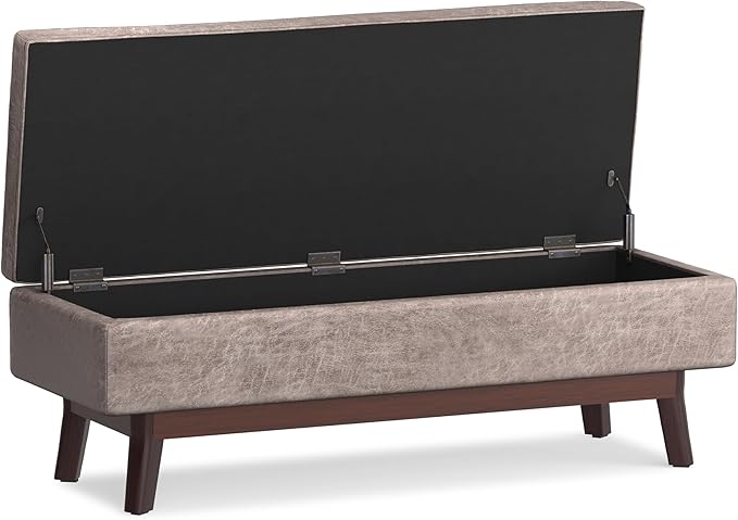 SIMPLIHOME Owen 48 inch Wide Mid Century Modern Rectangle Rectangular Storage Ottoman in Distressed Grey Taupe Vegan Faux Leather, Assembled, for the Living Room, Entryway and Family Room