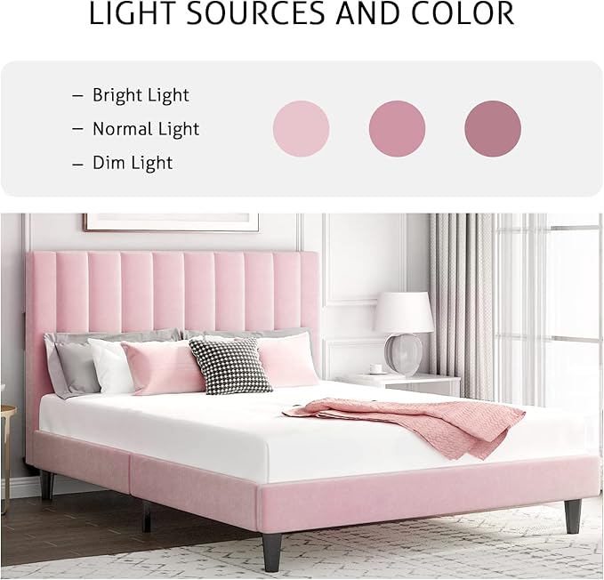 SHA CERLIN Queen Bed Frame/Velvet Upholstered Platform Bed Frame with Headboard/Strong Wood Slats Support/Mattress Foundation/No Box Spring Needed - Pink