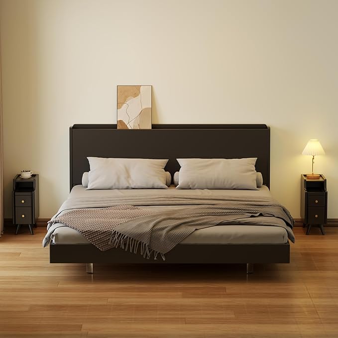 Small Nightstand with Drawers, Solid Wood Bedside Table, Narrow BlackNightstand for Bedroom