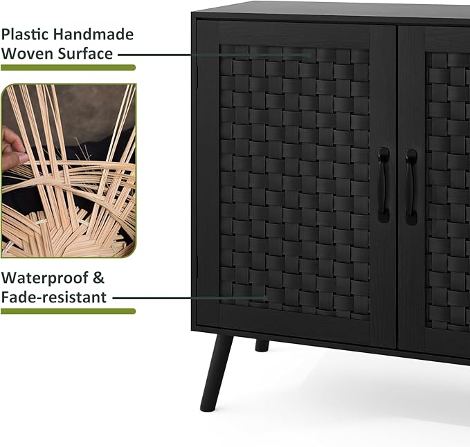 Black Buffet Sideboard Cabinet, Storage Cabinet with Handmade PVC Rattan Decor Doors, Wooden Coffee Station with Adjustable Shelf for Kitchen, Living Room, Entryway