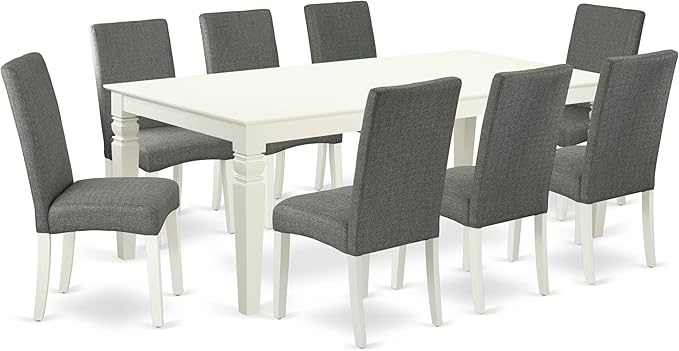 East West Furniture LGDR9-LWH-07 9 Piece Dining Room Set Includes a Rectangle Kitchen Table with Butterfly Leaf and 8 Gray Linen Fabric Parsons Dining Chairs, 42x84 Inch, Linen White