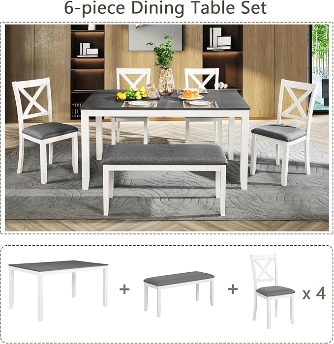 Ball & Cast 6 Piece Dining Table Set with 4 Upholstered Chairs & 1 Bench,Wooden Living Room Furniture for 6 W/ 58.5" Rectangle Kitchen Desk,for Dining Room,Home Bistro,Apartment,White+Gray