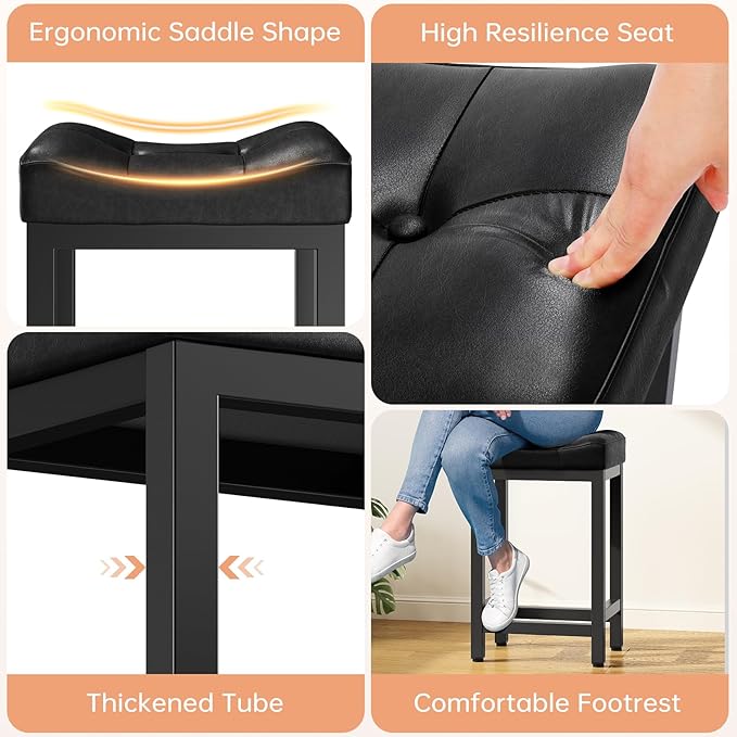 Dripex Backless Saddle Bar Stools Set of 3, Modern Faux Leather 24'' Counter Height Barstools with 4" Thick Seats & Heavy Duty Metal Legs, for Kitchen Island, Bar, Dining Room, Black