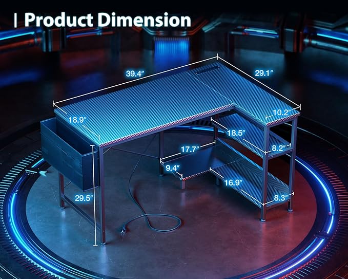 ODK 40 Inch Small L Shaped Gaming Computer Desk with Power Outlets, Corner Desk with Reversible Storage Shelves & PC Stand for Small Space, Modern Simple Home Office Table, Carbon Fiber Surface, Black
