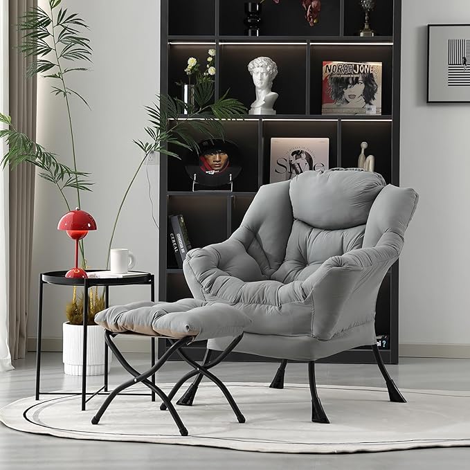 Lazy Chair with Folding Ottoman, Modern Accent Lounge Armchair with Armrests and a Side Pocket & Foldable Footstool, Leisure Reading Chair for Living Room, Bedroom, Dorm & Office, Light Grey
