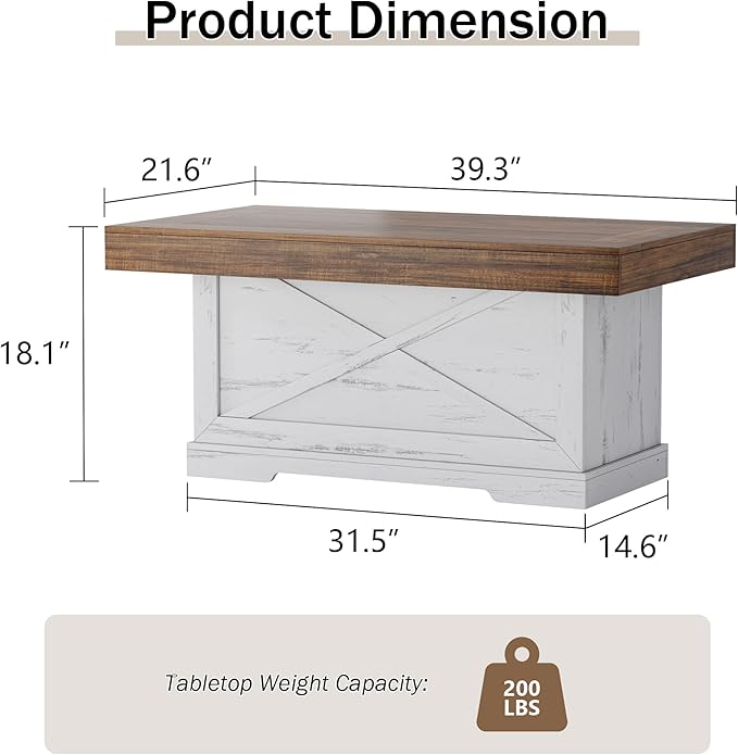 Coffee Table 39 in Farmhouse Center Table with X-Design Wooden Pedestal for Living Room, Space Saving, Easy Assembly Rectangle Home Office Tea Accent Table for Apartment, Antique White Walnut