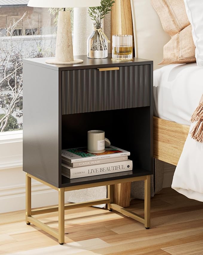 Masupu Fluted Nightstand,Modern Night Stand Wood Bedside Table with Storage Drawer Side End Table for Bedroom,Living Room,Office,Black