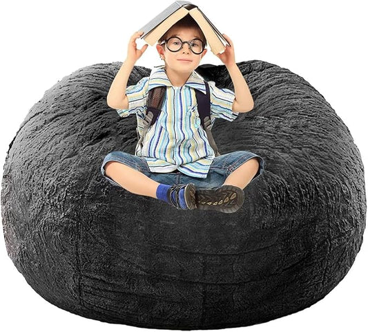 BCU Bean Bag Cover Comfy Beanbag Chair for Adults Without Filler Faux Fur Lazy Sofa Cover for Living Room Chairs, Dark Grey, 3.5FT
