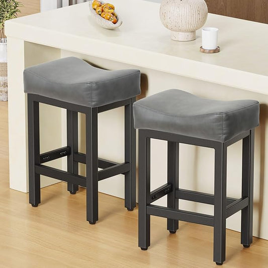Counter Height Bar Stools Set of 2, 24 Inch Barstools for Kitchen Island Counter, Bonded Leather Kitchen Stools with Thick Saddle Seats & Heavy Duty Metal Base, Easy Assembly, Gray/Black