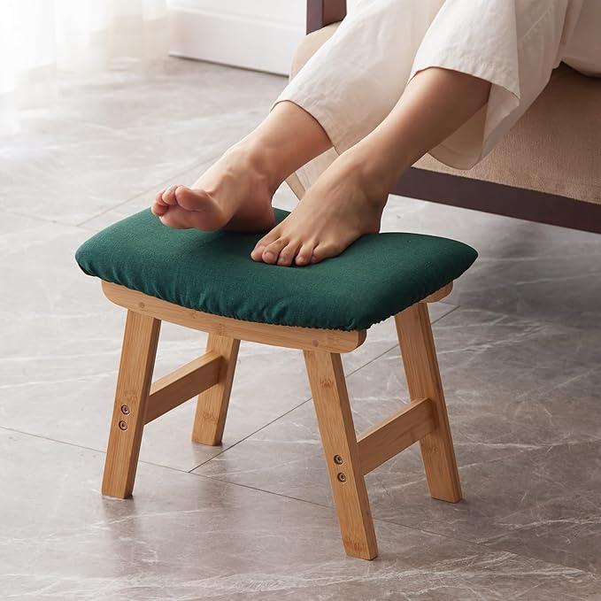 Foot Stool,Ottoman,Bamboo Small Sofa Foot Rest Under Desk,Extra Seating for Living Room, Bedroom and Kitchen (Natural Stool Legs - Green Surface)