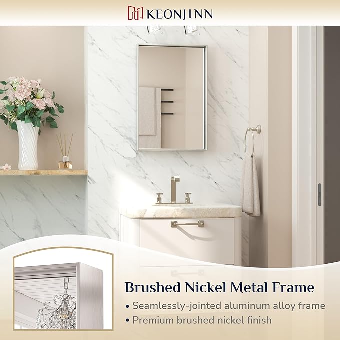 Keonjinn 16 x 24 in Brushed Nickel Bathroom Mirror, Rectangular Metal Framed Vanity Mirror for Wall Square Corner Aluminum Alloy Modern Rectangle Mirror(Horizontal/Vertical)