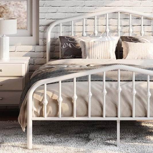 SHA CERLIN Queen Size Metal Platform Bed Frame with Victorian Style Wrought Iron-Art Headboard/Footboard, No Box Spring Required, White