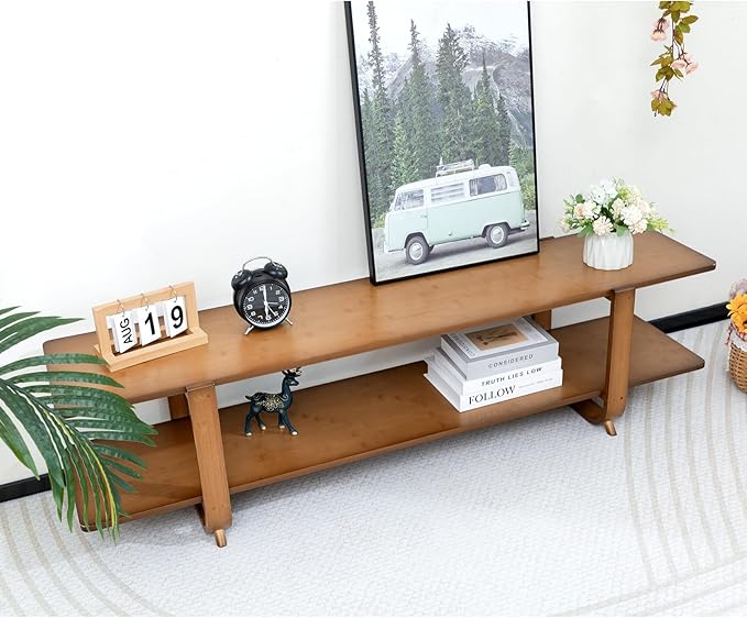 HollyHOME Bamboo TV Stand with Storage for TVs up to 65'', Modern Entertainment Center with 2 Open Shelf, Accent Media Console Table for Living Room, Bedroom, 55"(L), Walnut