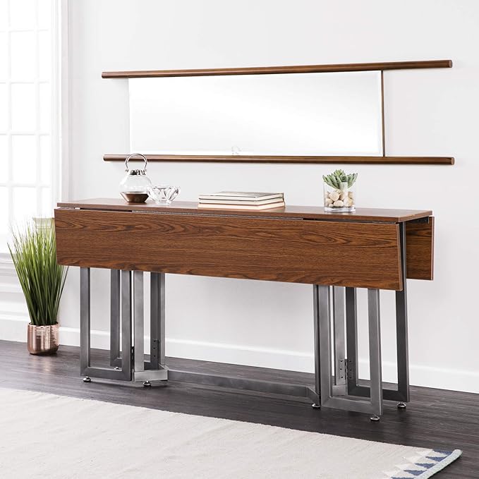 SEI Furniture Driness Drop Leaf Convertible Console to Dining Table, Dark Tobacco, Gunmetal Gray