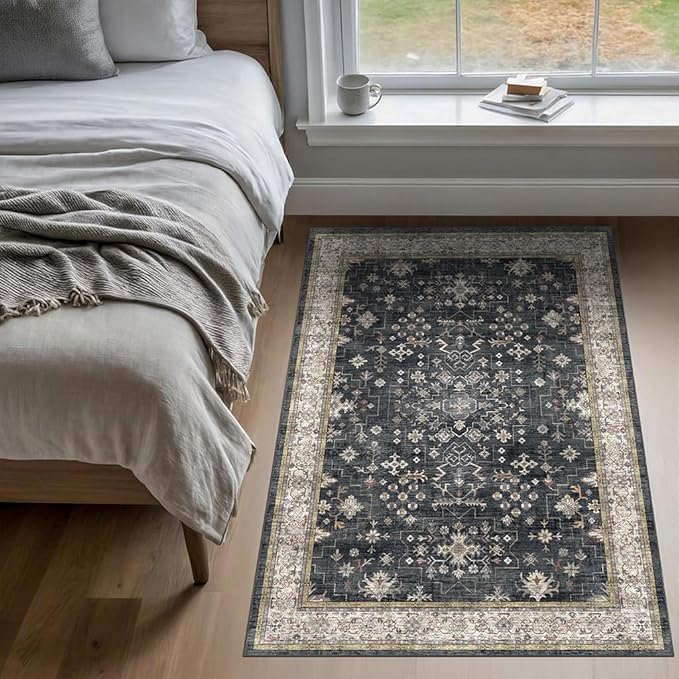 Large 3x5 Entryway Rug Indoor - Washable Non-Slip Low Pile Ultra Soft Area Rug for Large Kitchen, Bedroom Bedside, Mudroom - Boho Modern Aesthetic Geometric Decor (3x5 Black/Multi)