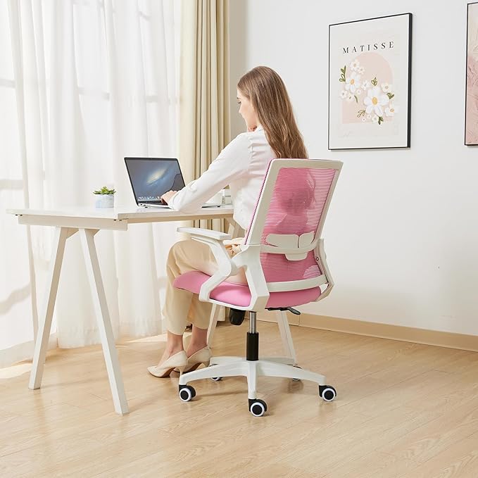 Ergonomic Office Chair Desk Chair with Adjustable Height Mesh Computer Chair Swivel Chair with Flip-up Arms and Lumbar Support Pink
