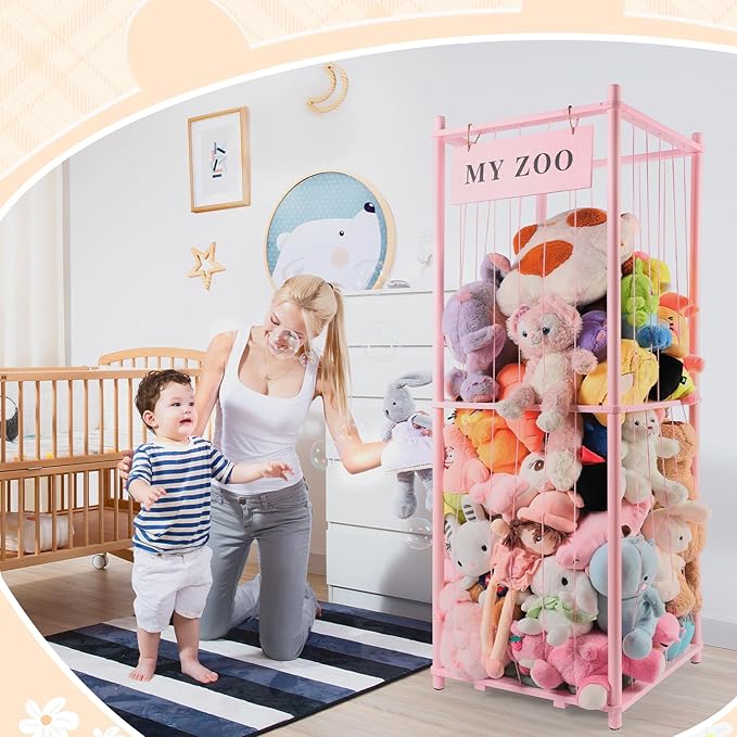 Stuffed Animal Storage Zoo, Wooden Stuffed Animal Organizer with Elastic Cords for Boys Girls, Space Saving Toy Plushies Storage Holder for Playroom, Bedroom, Living Room (Pink, Large)