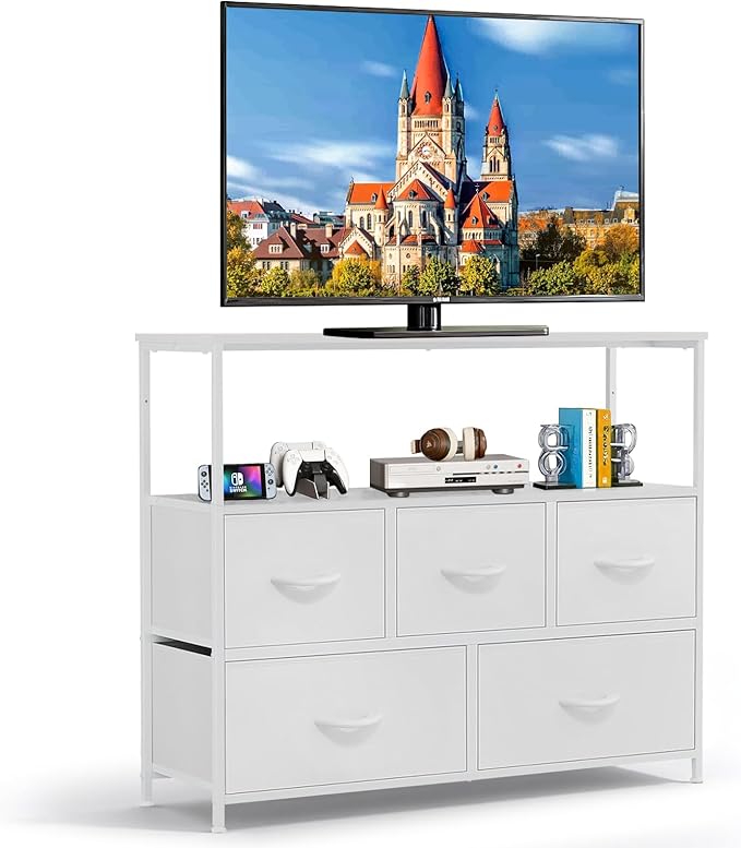 TV Stand, 5 Fabric Drawers Dresser Entertainment Center for TV up to 45 inch Wooden Media Console Table Storage Organizer with Open Shelf, for Living Room, Bedroom, or Small Space, White