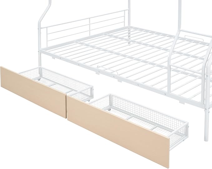 Full Over Queen Metal Bunk Bed with 2 Storage Drawers,Contemporary Iron-Crafted Bed Frame,w/Ladder & Full Length Gridded Guardrails,No Box Spring Needed,for Bedroom Guest Room,White