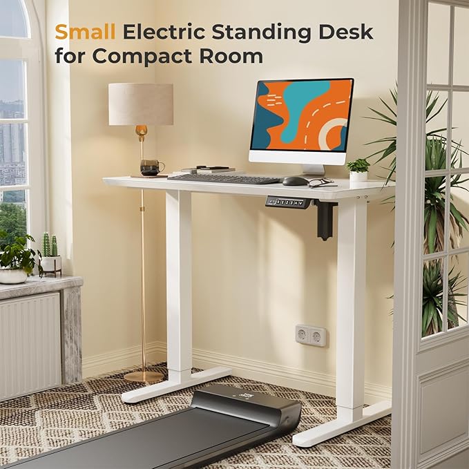JOY worker Small Glass Standing Desk, 35" x 20" Electric Whole Piece Height Adjustable Desk with 4 Lockable Casters, Mobile White Sit to Stand Workstation for Home Office