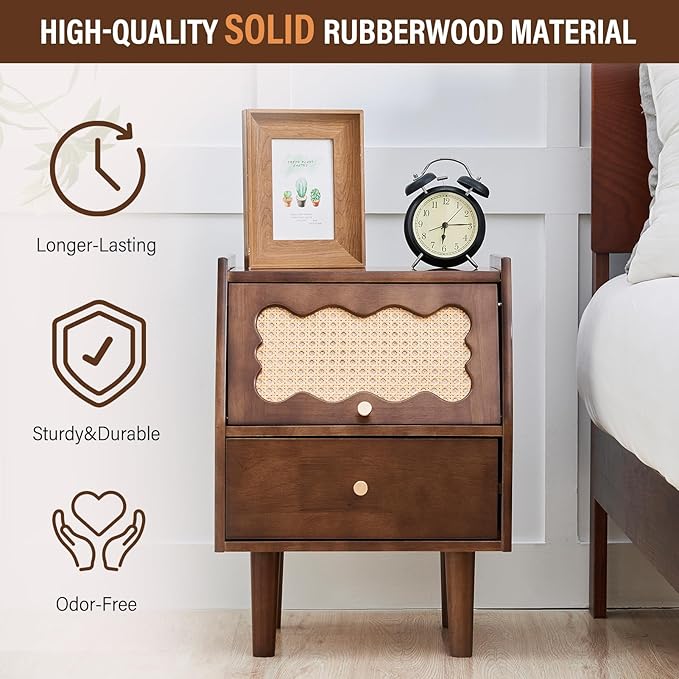 CozyDH Rattan Farmhouse Nightstand with Drawer, Solid Wood Nightstand, 21" Bedside Table for Bedroom Sofa Side, Wooden End Tables Living Room, Walnut