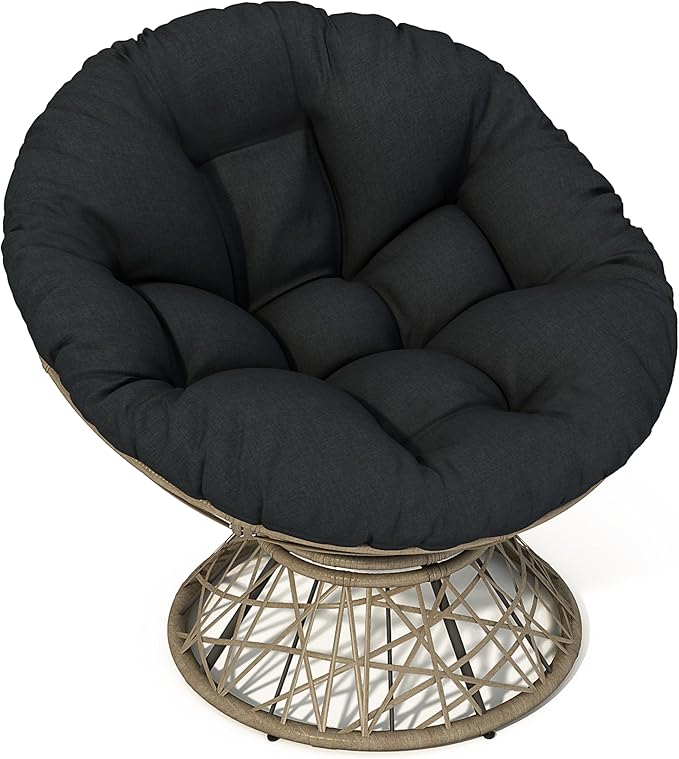 Ball & Cast Ergonomic Wicker Chair with Cloud Thick Density Fabric Cushion,Accent Chair W/ 360 Degree Swivel,Sturdy Metal Frame,Height Adjustable,for Reading,Living Room Bedroom,Lounge,Brown+Black