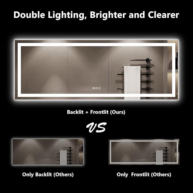 96x36 Inch LED Bathroom Mirror with Lights Front and Backlit Lighted Vanity Mirror for Bathroom Wall with 3 Colors Dimmable Anti-Fog Memory Shatter-Proof IP54 Waterproof Horizontal/Vertical