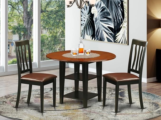 East West Furniture SUAN3-BCH-LC 3 Piece Dining Room Furniture Set Contains a Round Dining Table with Dropleaf & Shelves and 2 Faux Leather Upholstered Chairs, 42x42 Inch, Black & Cherry