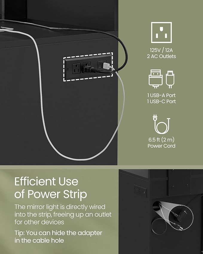 VASAGLE Vanity Desk with Mirror and Lights, 35.4-Inch Wide Makeup Vanity with Upholstered Vanity Stool, Power Outlets, Dimmable LED Lights, Storage Drawer, for Bedroom, Ink Black URDT128B01