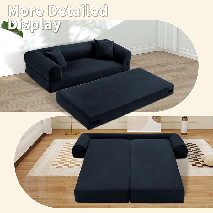 80" Convertible Sofa Bed, Corduroy Deep Seat Folding Pull Out Couch with Pillows, No Assembly Modern Boneless Couch Compression Sofa in Box, Floor Sofa with Storage Pocket for Living Room,Navy Blue