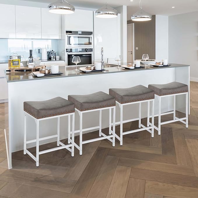 Bar Stools Set of 2, Counter Height Bar Stools with Thick Saddle Cushion and Barstools Metal Frame, 24" Modern Saddle Stool for Bar, Stool for Kitchen Counter Island Pub (Grey+White)