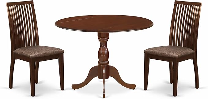 East West Furniture DMIP3-MAH-C 3 Piece Dining Set Contains a Round Dining Room Table with Dropleaf and 2 Linen Fabric Upholstered Chairs, 42x42 Inch, Mahogany