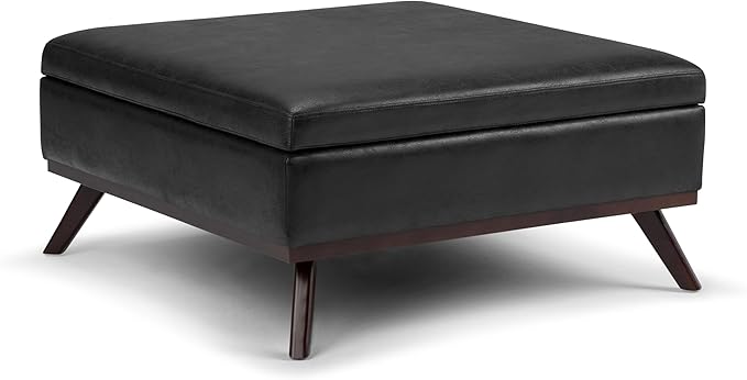 SIMPLIHOME Owen 36 inch Wide Mid Century Modern Square Coffee Table Storage Ottoman in Distressed Black Vegan Faux Leather, Assembled, for the Living Room, Entryway and Family Room