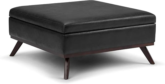 SIMPLIHOME Owen 36 inch Wide Mid Century Modern Square Coffee Table Storage Ottoman in Distressed Black Vegan Faux Leather, Assembled, for the Living Room, Entryway and Family Room