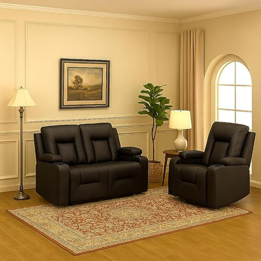 LUCKLIFE Leather Recliner Sofa Set with Manual Recliners,Living Room Furniture Set with Reclining Couch,Loveseat and Armchair,Living Room Chair with Cup Holders,Black (2+1)