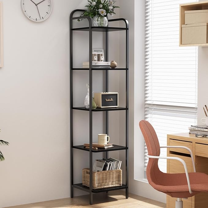 Book Shelf, 5 Tier Bookshelf, Bookcase with 5 Shelves, Storage Rack Organizer, Corner Wood Storage Shelf with Metal Frame for Bedroom, Living Room, Black