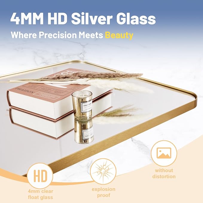 Brushed Gold Mirror 30"x36", Wall Mirror for Bathroom Vanity in Anti-Rust Metal Frame, Modern Rectangle Mirrors for Wall, Rounded Corners, Shatter-Proof, Hangs Horizontal/Vertical